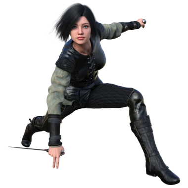 3D, ortaçağ fantezi kadın karakteri. Saydam arka planda izole edilmiş hançerleri var.