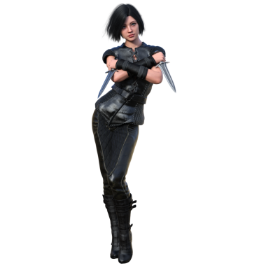 3D, ortaçağ fantezi kadın karakteri. Saydam arka planda izole edilmiş hançerleri var.