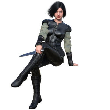 3D, ortaçağ fantezi kadın karakteri. Saydam arka planda izole edilmiş hançerleri var.