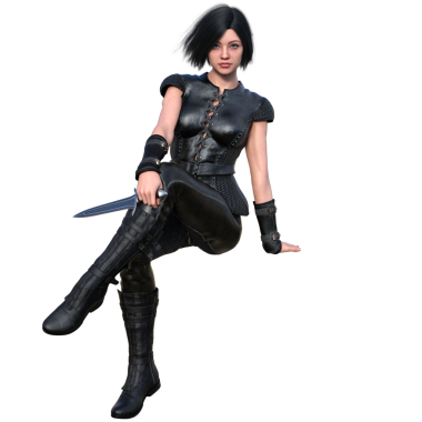 3D, ortaçağ fantezi kadın karakteri. Saydam arka planda izole edilmiş hançerleri var.