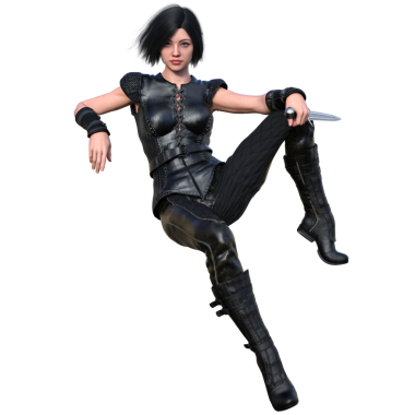 3D, ortaçağ fantezi kadın karakteri. Saydam arka planda izole edilmiş hançerleri var.