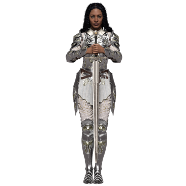 Üç boyutlu, şeffaf arka planda izole edilmiş gümüş zırhlı kadın fantezi karakteri.