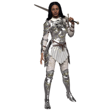 Üç boyutlu, şeffaf arka planda izole edilmiş gümüş zırhlı kadın fantezi karakteri.