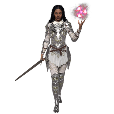 Üç boyutlu, şeffaf arka planda izole edilmiş gümüş zırhlı kadın fantezi karakteri.