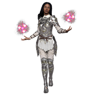 Üç boyutlu, şeffaf arka planda izole edilmiş gümüş zırhlı kadın fantezi karakteri.