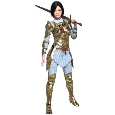 Üç boyutlu, saydam arka planda izole edilmiş altın zırhlı bir kadın şövalye.