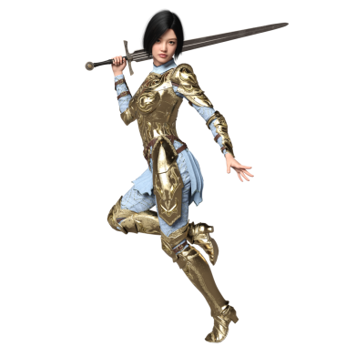 Üç boyutlu, saydam arka planda izole edilmiş altın zırhlı bir kadın şövalye.