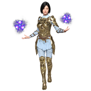 Üç boyutlu, saydam arka planda izole edilmiş altın zırhlı bir kadın şövalye.