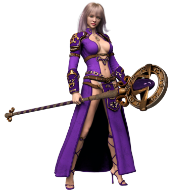 3 boyutlu, mor elbiseli ve şeffaf arka planda izole edilmiş altın zırhlı fantezi kadın karakteri.