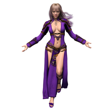 3 boyutlu, mor elbiseli ve şeffaf arka planda izole edilmiş altın zırhlı fantezi kadın karakteri.