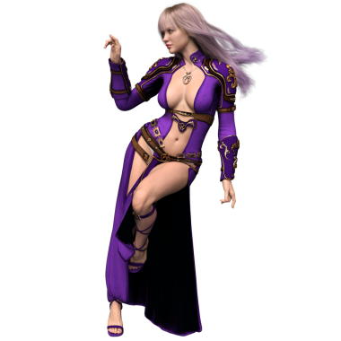 3 boyutlu, mor elbiseli ve şeffaf arka planda izole edilmiş altın zırhlı fantezi kadın karakteri.