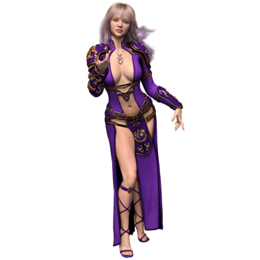 3 boyutlu, mor elbiseli ve şeffaf arka planda izole edilmiş altın zırhlı fantezi kadın karakteri.