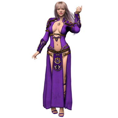 3 boyutlu, mor elbiseli ve şeffaf arka planda izole edilmiş altın zırhlı fantezi kadın karakteri.