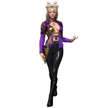 3 boyutlu, mor elbiseli ve şeffaf arka planda izole edilmiş altın zırhlı fantezi kadın karakteri.