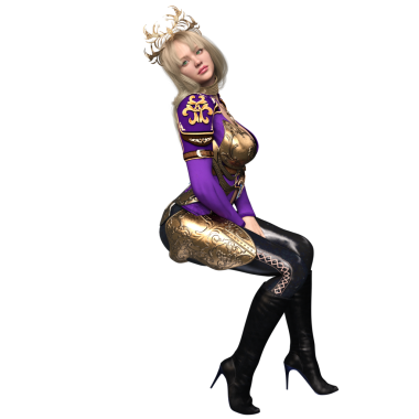 3 boyutlu, mor elbiseli ve şeffaf arka planda izole edilmiş altın zırhlı fantezi kadın karakteri.