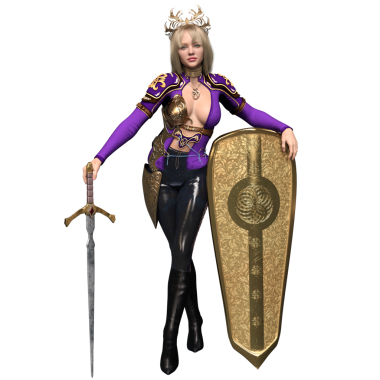 3 boyutlu, mor elbiseli ve şeffaf arka planda izole edilmiş altın zırhlı fantezi kadın karakteri.