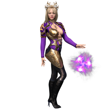3 boyutlu, mor elbiseli ve şeffaf arka planda izole edilmiş altın zırhlı fantezi kadın karakteri.