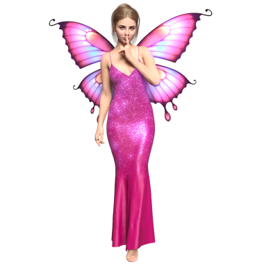 Pembe uzun elbiseli güzel bir dişi peri ve şeffaf arka planda izole edilmiş pembe kelebek kanatları.