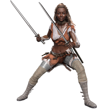 3D 'ye dönüştürülmüş fantezi bilim kurgu çöl savaşçısı kadın savaşçı şeffaf arka planda izole edildi