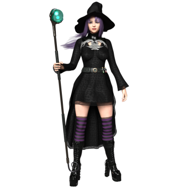 3D, şeffaf arkaplanda izole edilmiş koyu renkli gotik rahat cadı.