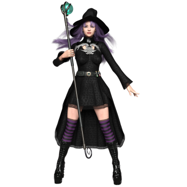 3D, şeffaf arkaplanda izole edilmiş koyu renkli gotik rahat cadı.