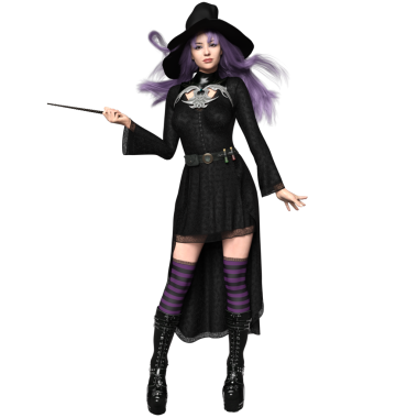 3D, şeffaf arkaplanda izole edilmiş koyu renkli gotik rahat cadı.