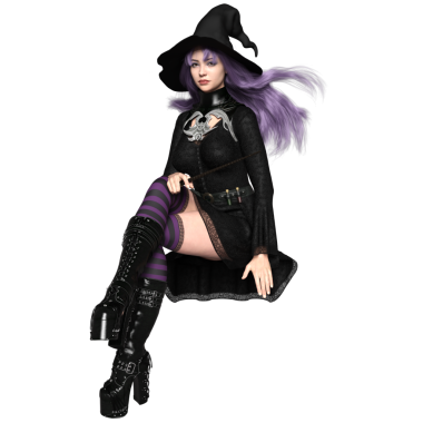 3D, şeffaf arkaplanda izole edilmiş koyu renkli gotik rahat cadı.