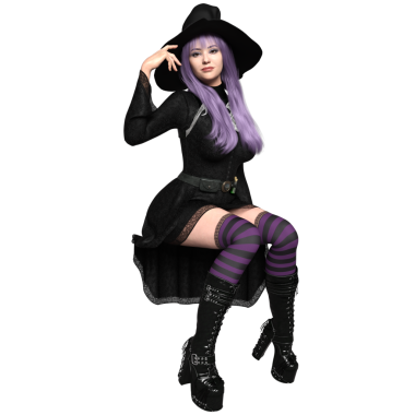 3D, şeffaf arkaplanda izole edilmiş koyu renkli gotik rahat cadı.