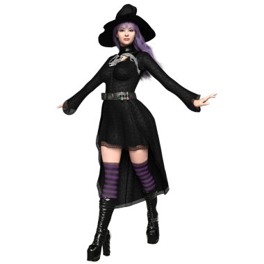 3D, şeffaf arkaplanda izole edilmiş koyu renkli gotik rahat cadı.