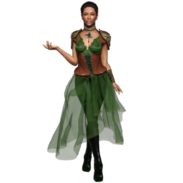 Yeşil elbiseli ve şeffaf arka planda izole edilmiş korseli üç boyutlu kadın fantezi steampunk karakteri.