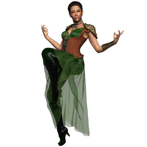 Yeşil elbiseli ve şeffaf arka planda izole edilmiş korseli üç boyutlu kadın fantezi steampunk karakteri.