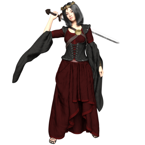 3D, orta çağ kadın fantezi karakteri kırmızı ve siyah elbiseli ve şeffaf arka planda izole edilmiş bir korse.