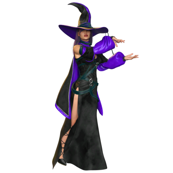 Üç boyutlu, siyah ve mor elbiseli ve şeffaf arkaplanda izole edilmiş bir şapkası olan kadın fantezi cadısı.