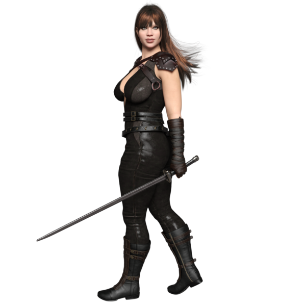 3D kadın fantezi ortaçağ suikastçısı şeffaf arka planda izole edilmiş.