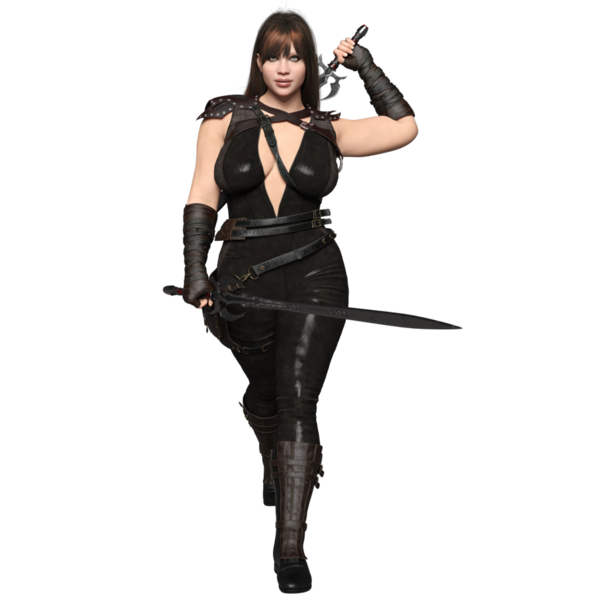 3D kadın fantezi ortaçağ suikastçısı şeffaf arka planda izole edilmiş.