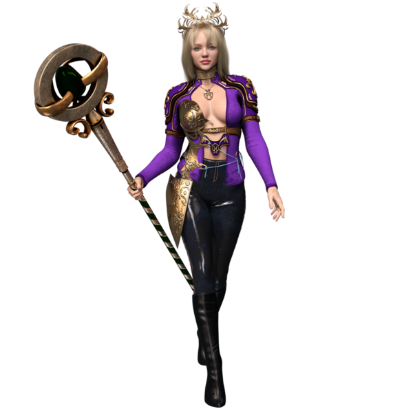 3 boyutlu, mor elbiseli ve şeffaf arka planda izole edilmiş altın zırhlı fantezi kadın karakteri.