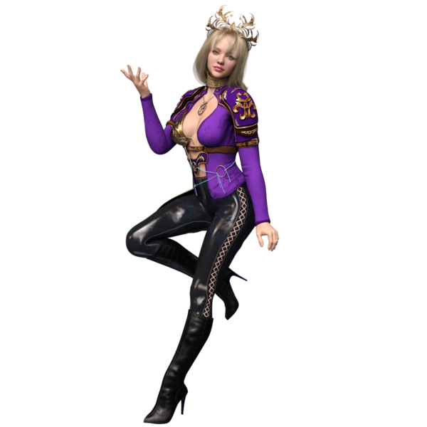 3 boyutlu, mor elbiseli ve şeffaf arka planda izole edilmiş altın zırhlı fantezi kadın karakteri.