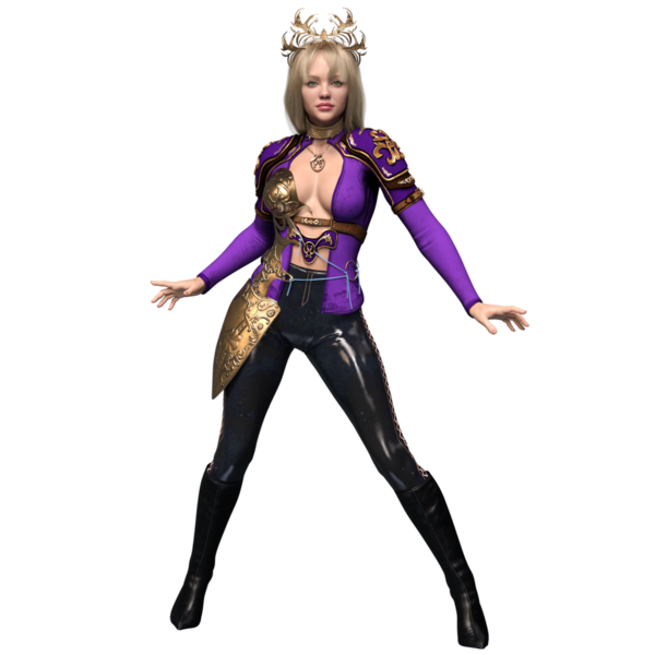 3 boyutlu, mor elbiseli ve şeffaf arka planda izole edilmiş altın zırhlı fantezi kadın karakteri.