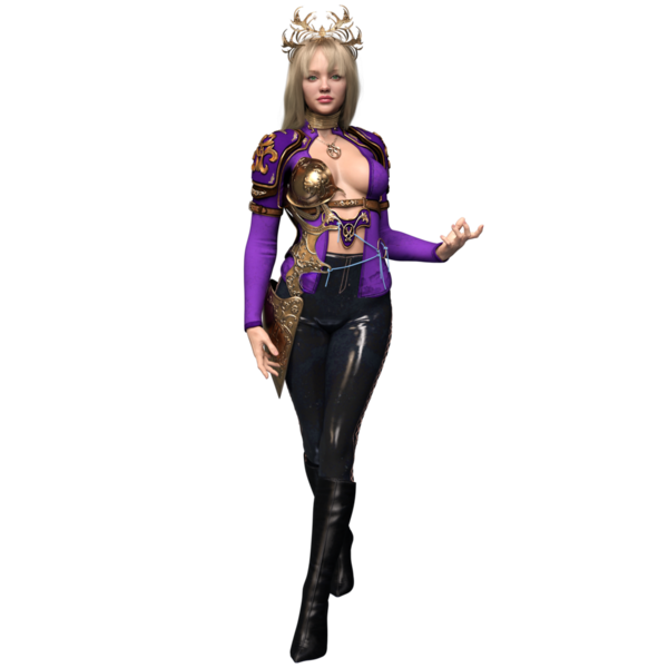 3 boyutlu, mor elbiseli ve şeffaf arka planda izole edilmiş altın zırhlı fantezi kadın karakteri.