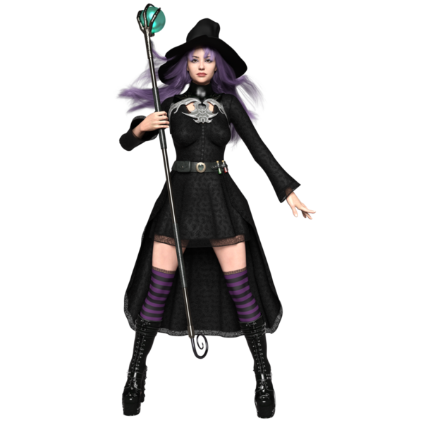 3D, şeffaf arkaplanda izole edilmiş koyu renkli gotik rahat cadı.