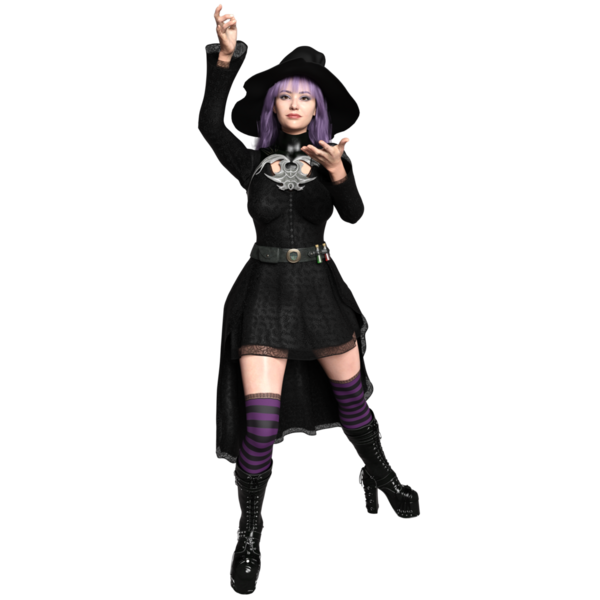 3D, şeffaf arkaplanda izole edilmiş koyu renkli gotik rahat cadı.