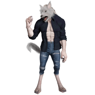 Açık gömlekli ve kot pantolonlu 3 boyutlu kurtadam adam şeffaf arka planda izole edilmiş.