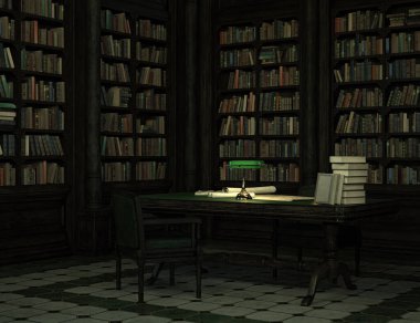 Eski bir klasik odanın içindeki kitaplarla dolu 3D hazırlanmış klasik kütüphane.