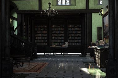 Eski bir malikanede kütüphanesi olan eski klasik bir masa. 