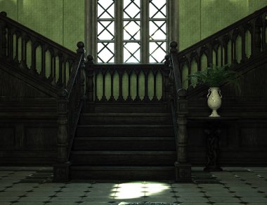 Eski siyah ahşap merdivenleri olan karanlık klasik malikane 