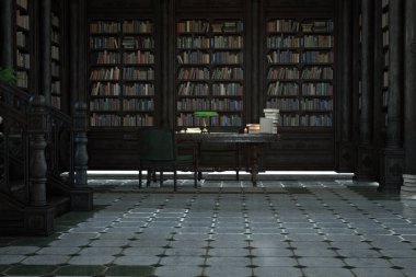 Eski bir malikanede kütüphanesi olan eski klasik bir masa. 