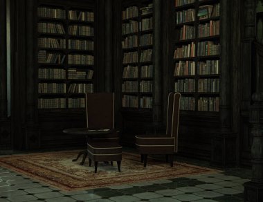 Eski bir klasik odanın içindeki kitaplarla dolu 3D hazırlanmış klasik kütüphane.