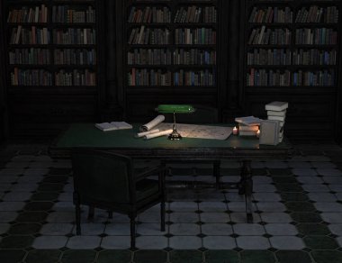 Eski bir malikanede kütüphanesi olan eski klasik bir masa. 