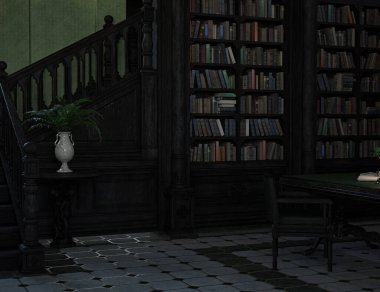 Eski siyah ahşap merdivenleri olan karanlık klasik malikane 