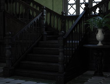 Eski siyah ahşap merdivenleri olan karanlık klasik malikane 